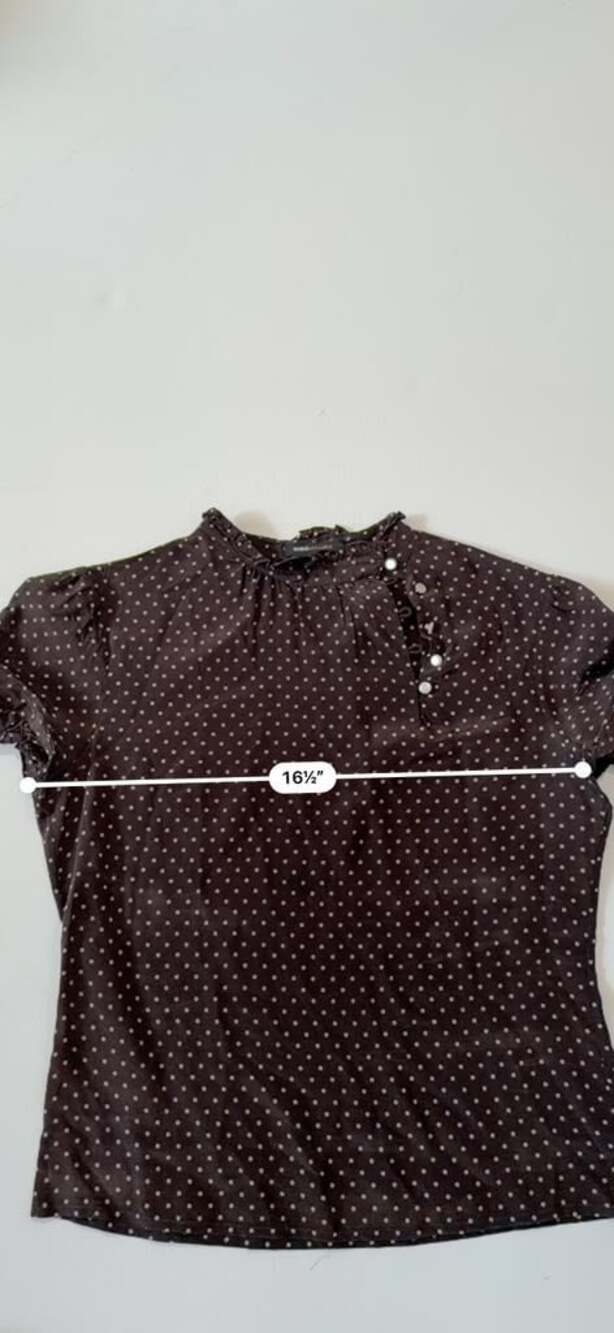 BCBGMaxAzria 100% Silk Brown Polka Dot Ruffle Neck Short Sleeve Blouse - Picture 4 of 7